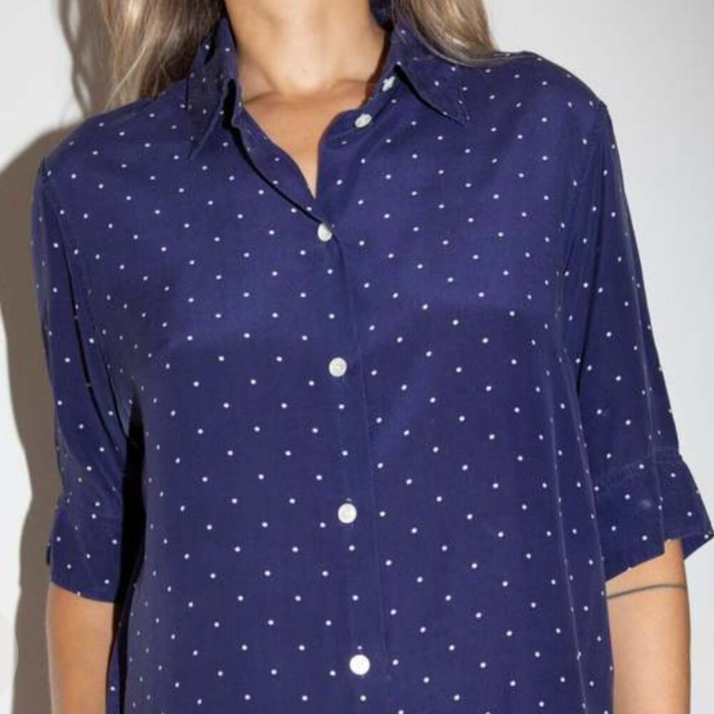 Celine Blue with white polka dots Casual Button Down Shirt